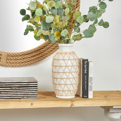 White Ceramic Vase with Woven Rattan Exterior - 7"W, 14"H