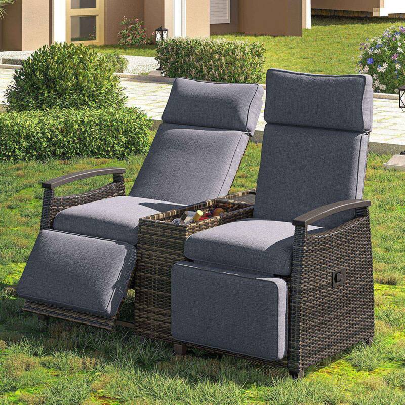 Outdoor Adjustable Recliner Loveseat with Acacia Wood Armrests, Built-In Storage Table, and Comfortable Cushions for Patio