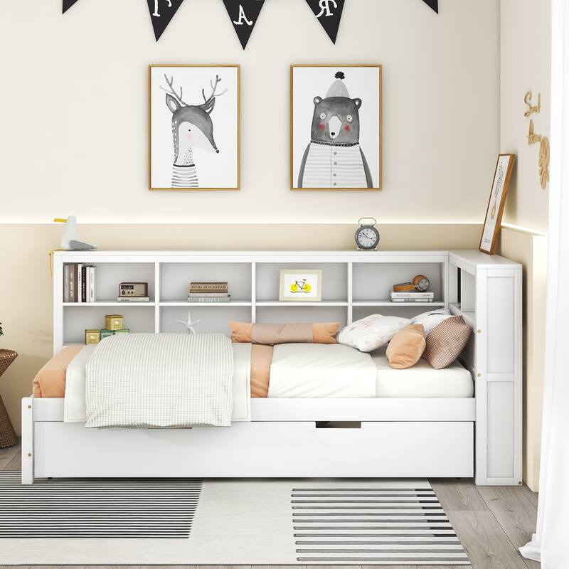 Wooden Daybed Frame with Trundle, Storage Shelf & USB Ports