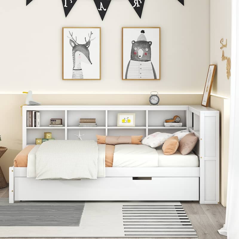Wooden White Twin Size Daybed with Trundle Bed & Storage Shelf