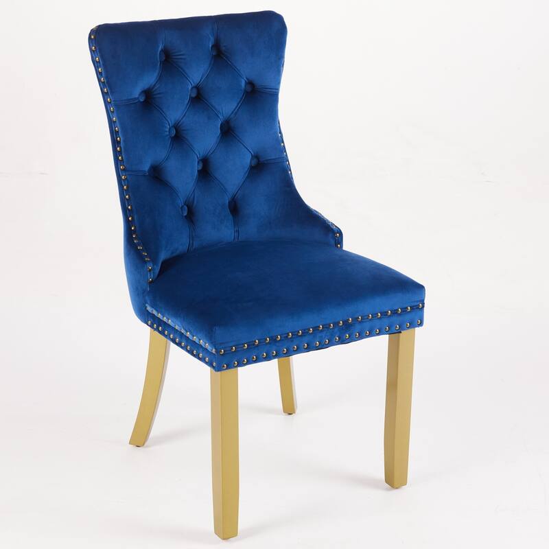 Velvet Dining Chairs Set of 2, Tufted Dining Chairs with Nailhead Trim, Kitchen Chairs with Lion Head Pulls Ring & Wooden Legs