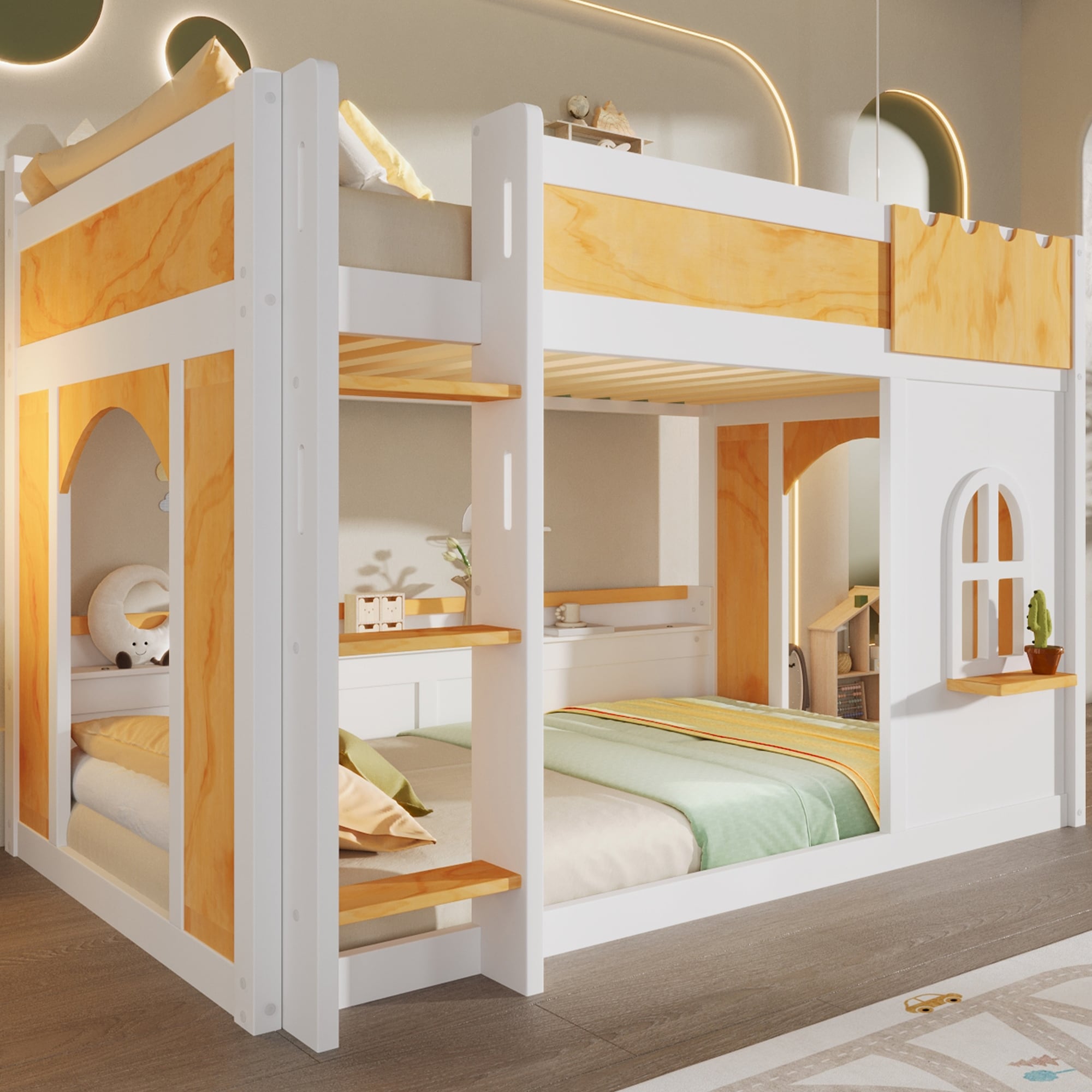 GDFStudio - Wood Bunk Bed with Storage Shelves, Window and Dual Doors