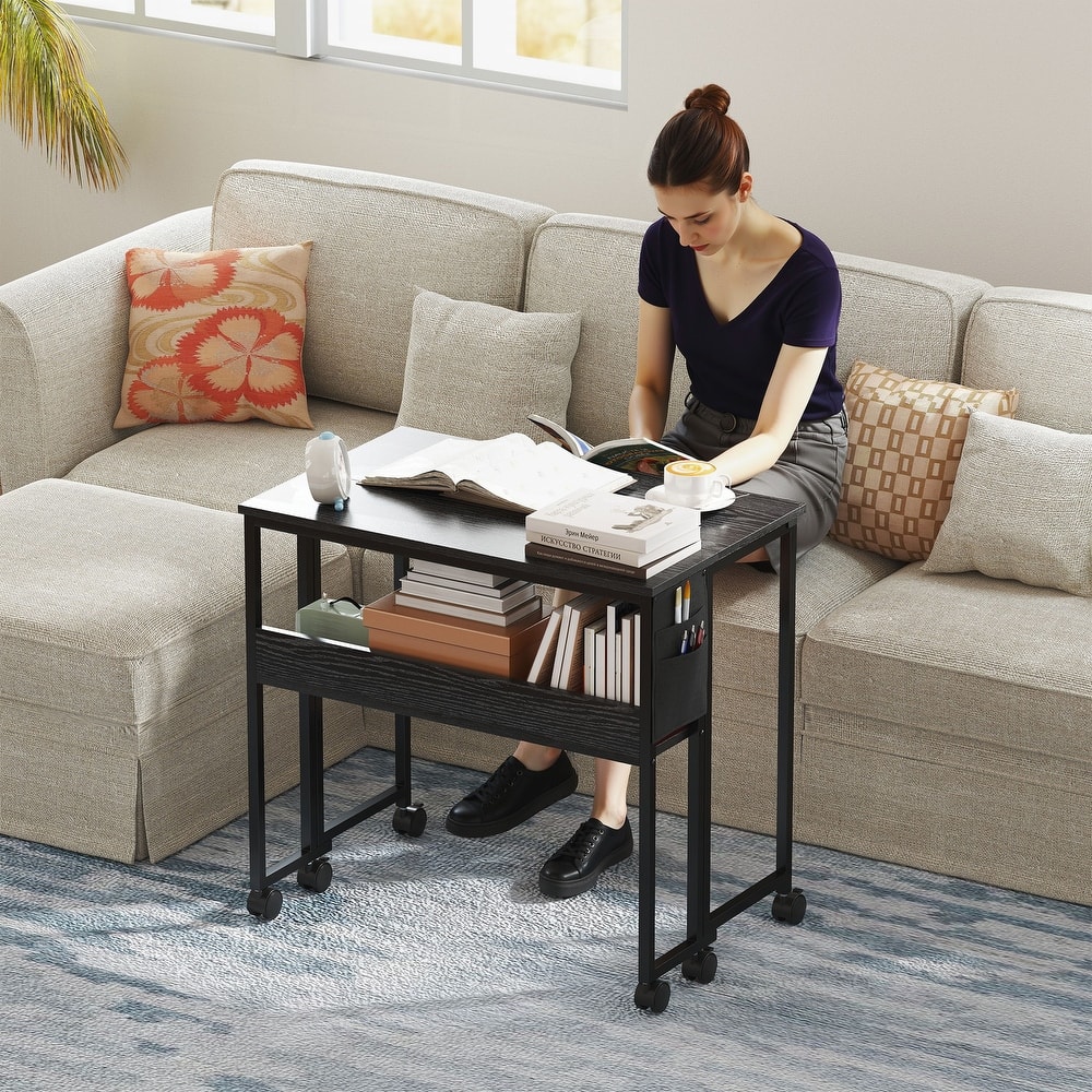 HOMCOM Small Folding Desk, Rolling Computer Desk Foldable with Storage Bag and Shelf, 31.5" Portable Writing Table on Wheels