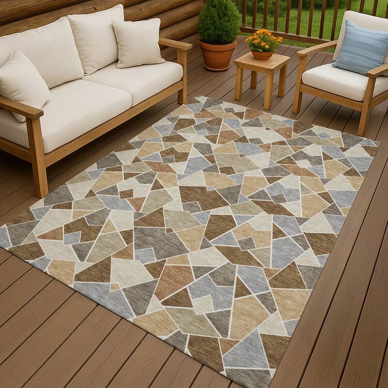 Machine Washable Indoor/ Outdoor Modern Mosaic Chantille Rug