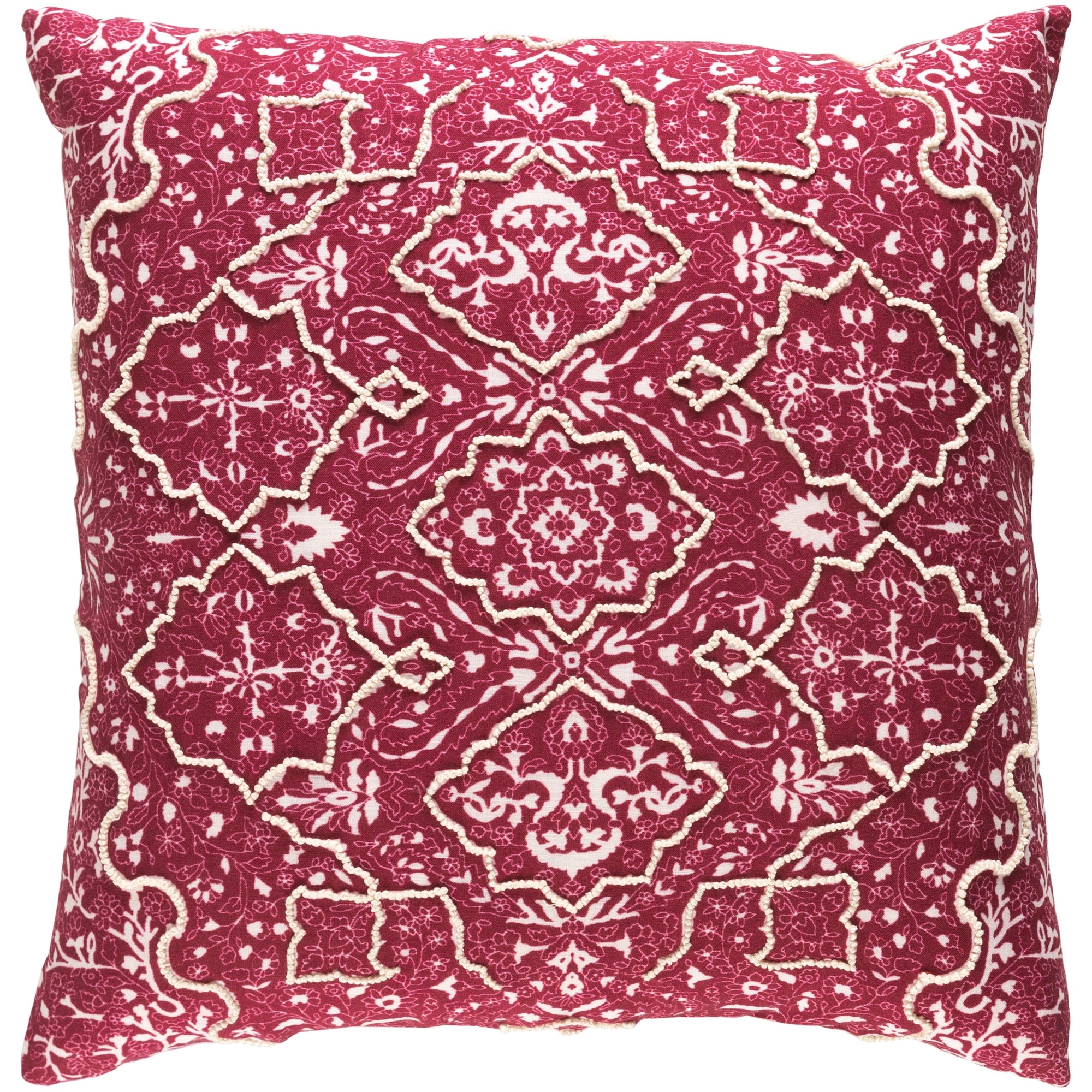 Decorative Maroon 22-inch Throw Pillow Cover Red Applique Bohemian Eclectic Cotton Linen One Removable