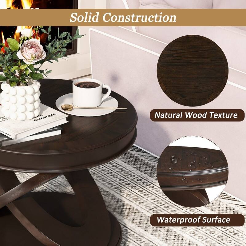 Retro Round Solid Wood End Table with X-Shape Base for Living Room Use