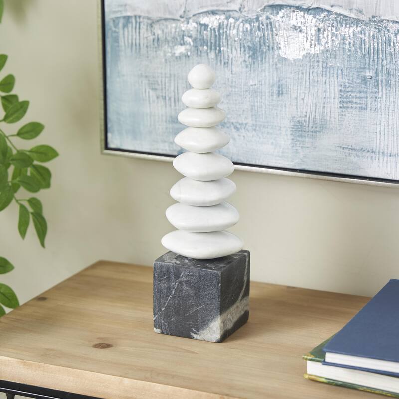 Marble Abstract Stacked Stone Sculpture with Black Block Base - White - Roche River Decor