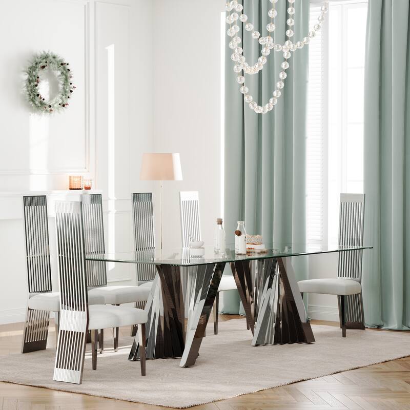 Luxury 78 inch Glass Dining Table with Mirrored Stainless Steel Base