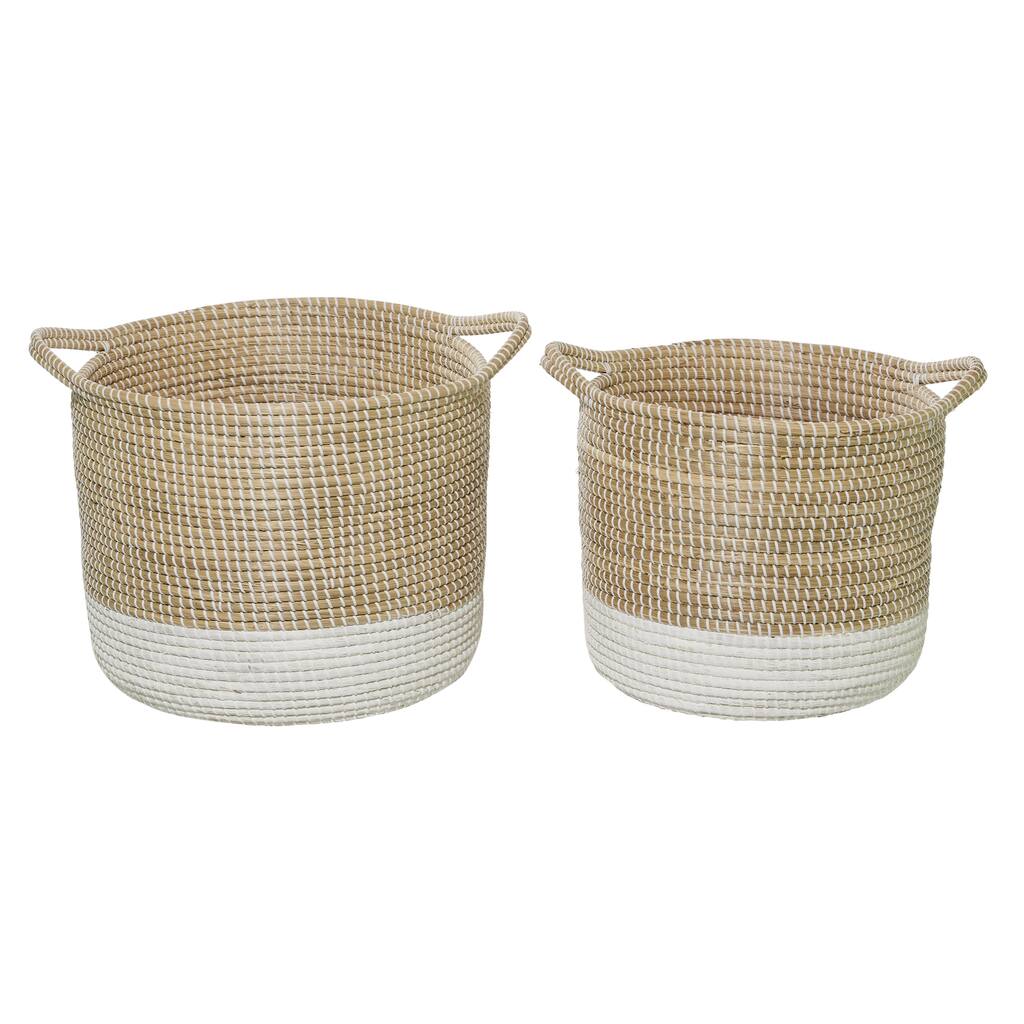 Seagrass Handmade Two Toned Decorative and Functional Storage Basket with Handles - Set of 2 White - Roche River Decor