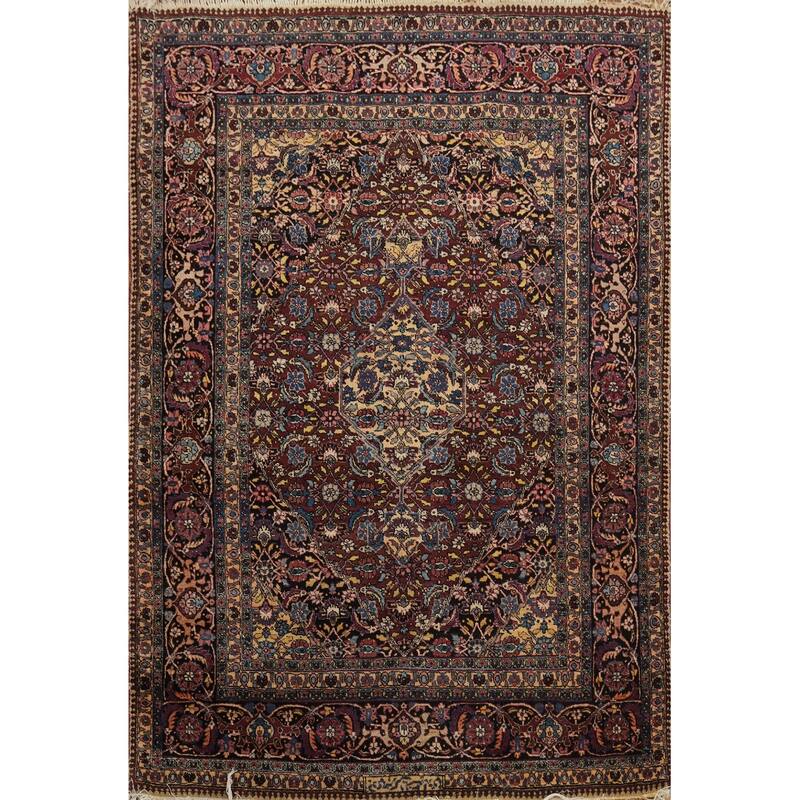 Hand Knotted Oriental 100% Wool Carpet Traditional Floral Red Mashad Area Rug - 5' 9'' X 4' 4''