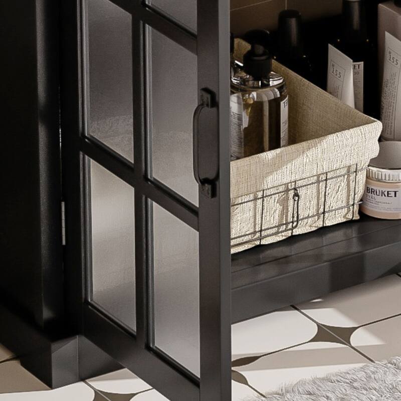 30"Bathroom Vanity with Ceramic Sink, Tempered Blurred Glass and Matte Black Handles, Large Storage Space and Rubber Wood Frame