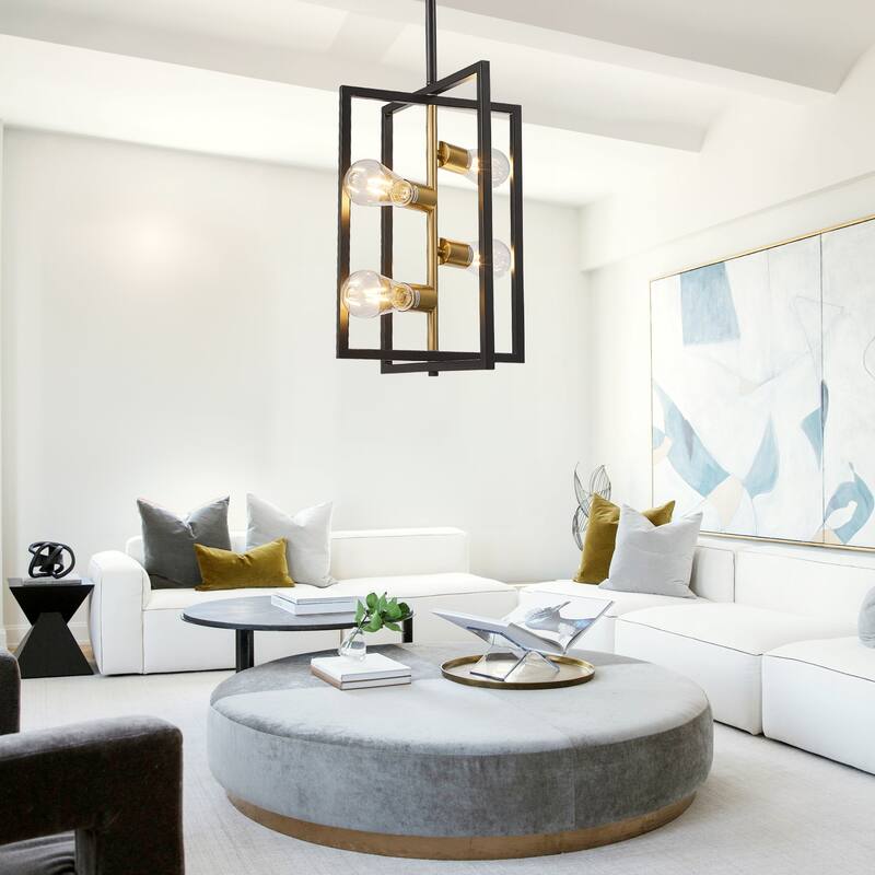 Industrial Lantern Chandelier, 4-Light Modern Geometric Semi Flush Mount Ceiling Light Fixture - Gold