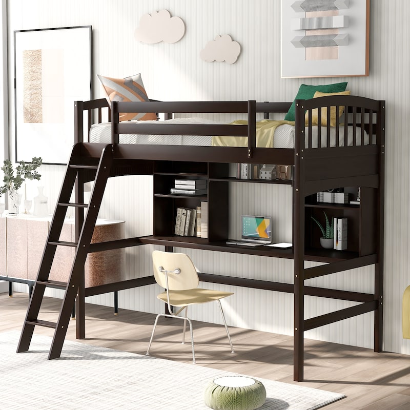Loft Bed with Storage Shelves, Desk and Ladder