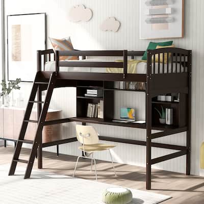 Twin Size Loft Bed with Built-In Desk and Storage Shelves, Sturdy Frame