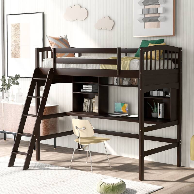 Twin Size Wood High Loft Bed Multi-Functional Study Bed w/Built-in Desk and Ladder, Solid Wood High Loftbed Bedframe w/Guardrail