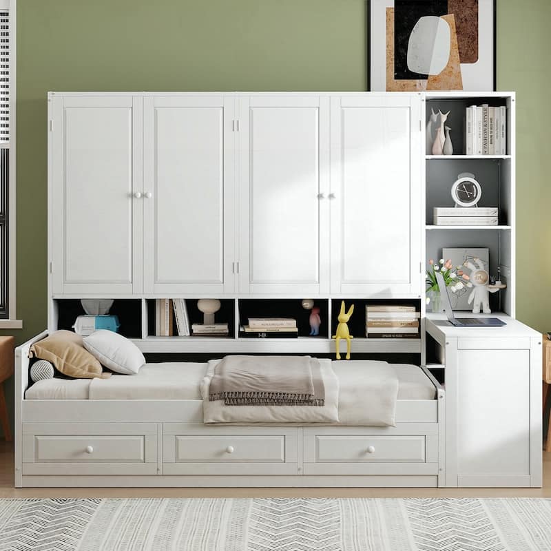 Wooden Daybed With Three Drawers and All-in-One Cabinet