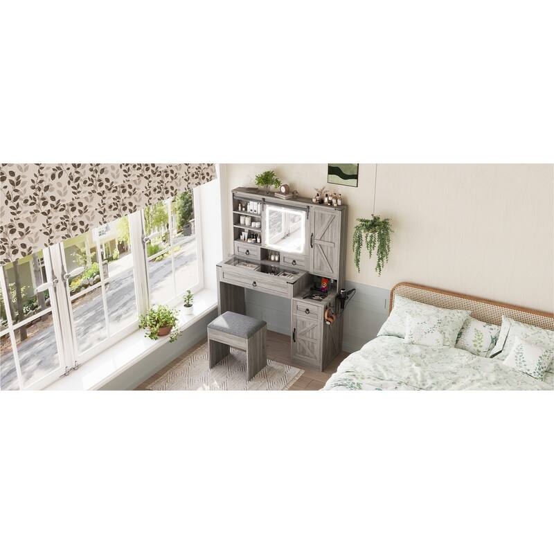 Farmhouse Vanity Desk with Sliding Mirror and Lights