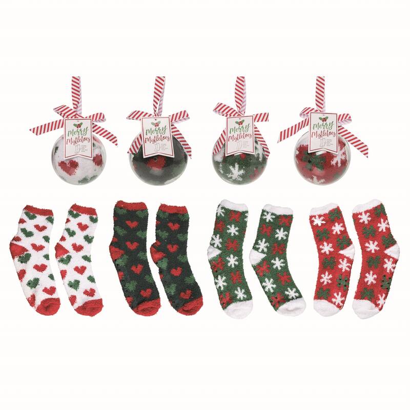 Transpac Polyester Multicolor Christmas Plush Socks in Ornament Ball Set of 4 - Mutlicolor