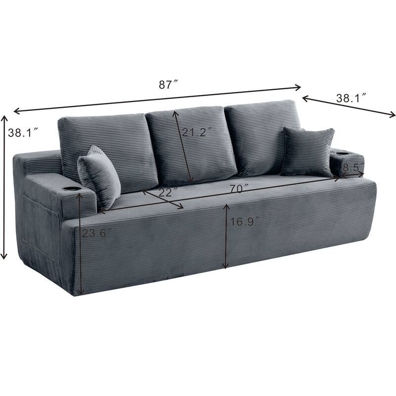 87 Inch 3 Seater Sofa Couch, Deep Seat Corduroy Living Room Sofa with Cup Holders and Side Pockets