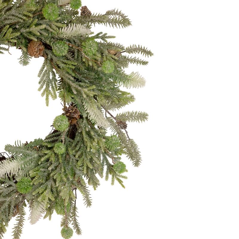 Artificial Christmas Wreath Frosted Foliage Pine Cones 24 Inch Unlit