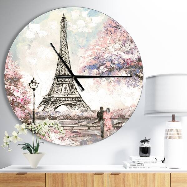 slide 2 of 10, Designart 'Eiffel with Pink Flowers' Oversized French Country Wall CLock