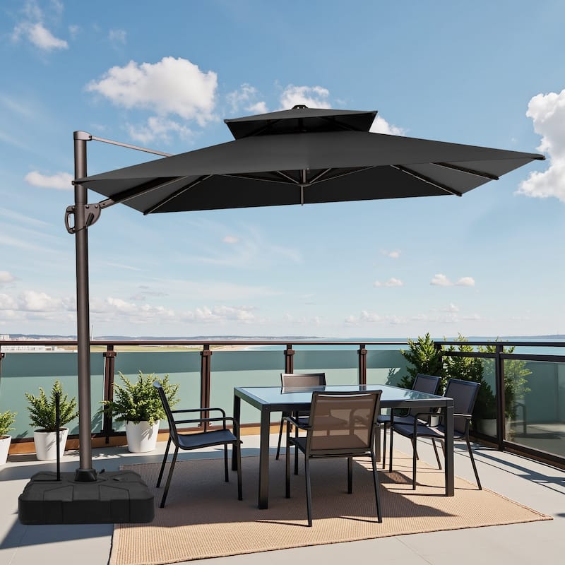 9 x 12 ft Double Top Patio Cantilever Umbrella 360-degree Rotation with Base - Black