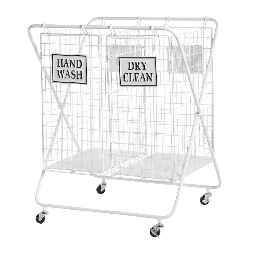 Metal Double Laundry Basket with Wheels and Signs - 22"W x 25"L x 32"H