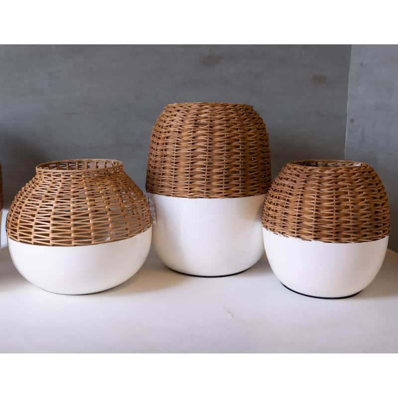 Textured Iron Cane Vase - 8" - Beige and White