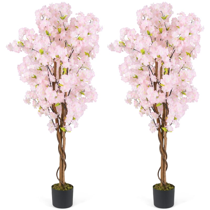 Gymax 2PCS 5 FT Tall Artificial Cherry Blossom Tree Faux Flower Plant - Pink