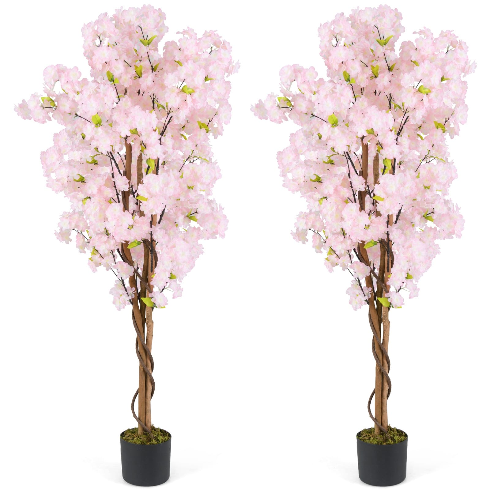 Gymax 2PCS 5 FT Tall Artificial Cherry Blossom Tree Faux Flower Plant