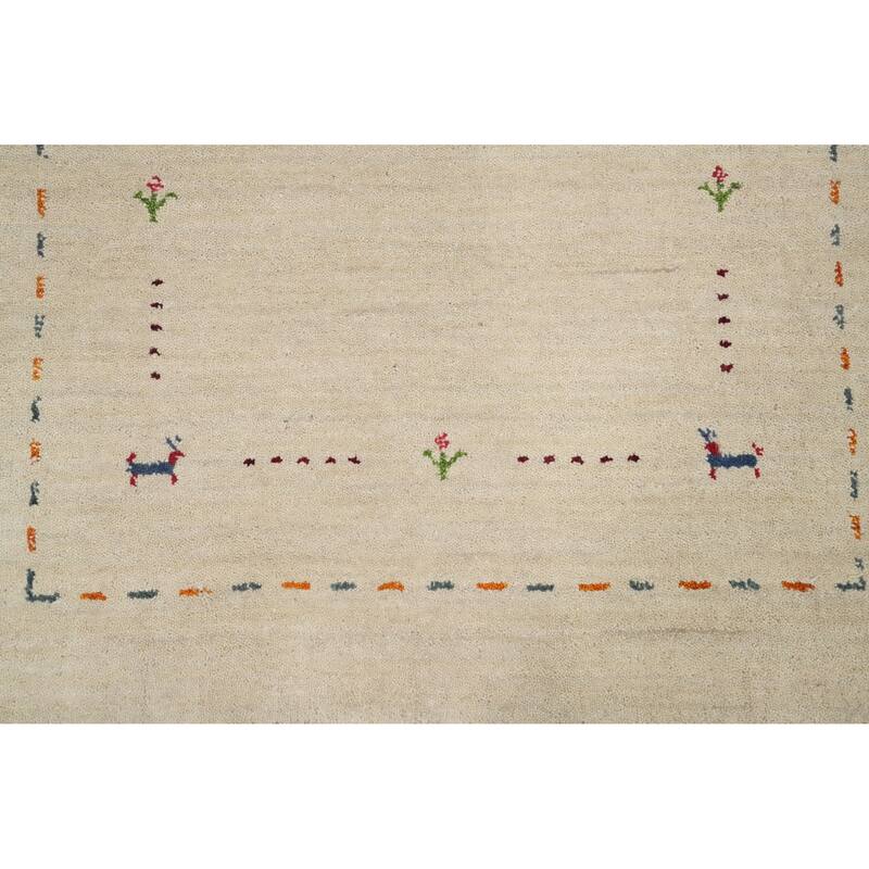 Hand Knotted Oriental 100% Wool Carpet Tribal Animal Pictorial Beige & Ivories Gabbeh Area Rug - 4' 9'' X 3' 0''