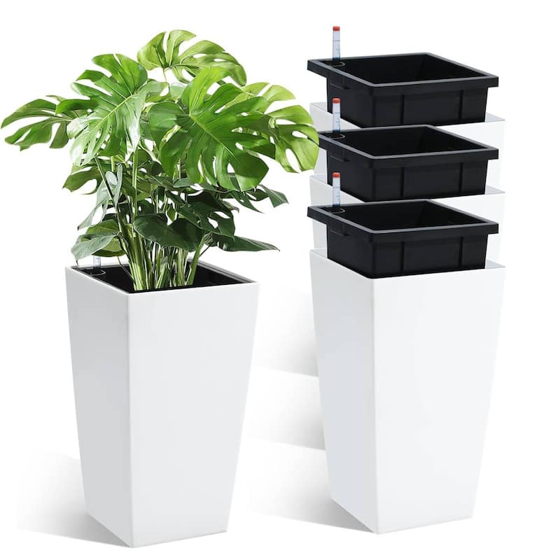 Set of 4 Outdoor Indoor Planter Pots with Drainage Holes, Water Level Monitor, Inner Bucket - White