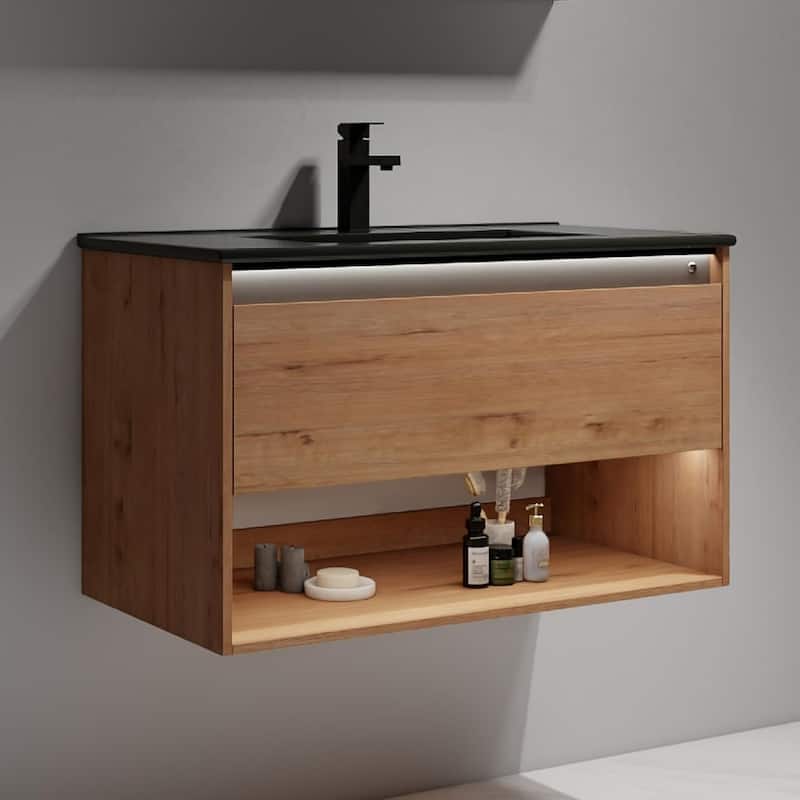 Blossom Bergen Wall Mounted Floating Bathroom Vanity with Sink - Oak - 36" MB Ceramic Sink