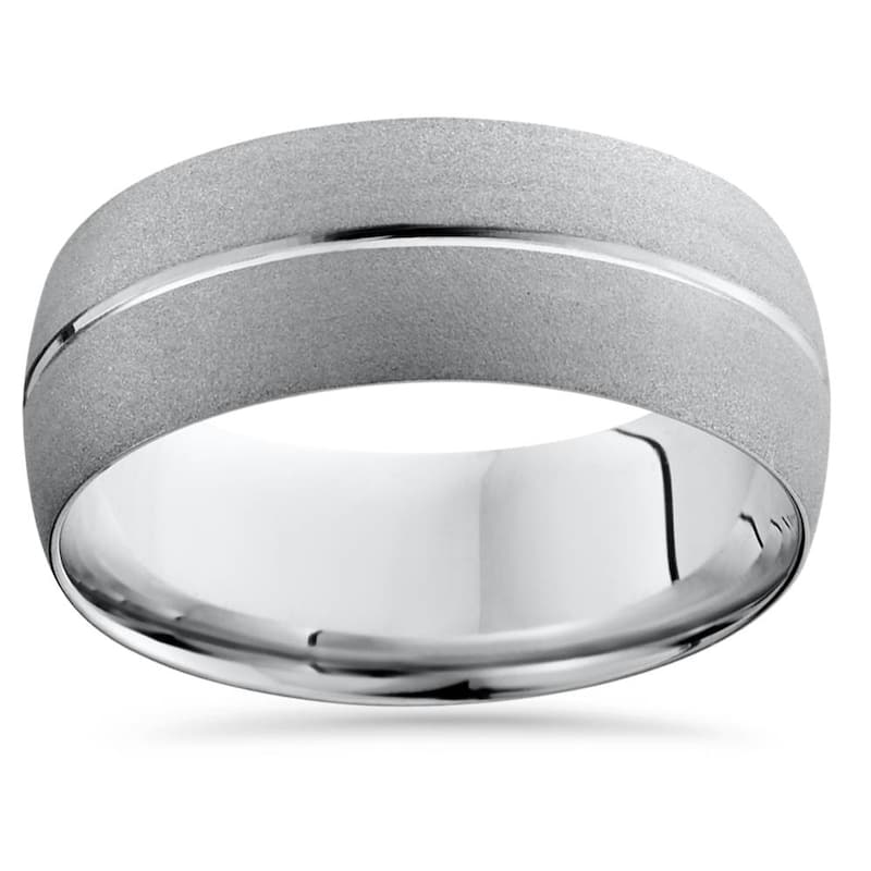 White Gold Mens Brushed Single Groove Wedding Band 8mm