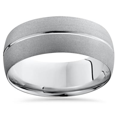 White Gold Mens Brushed Single Groove Wedding Band 8mm