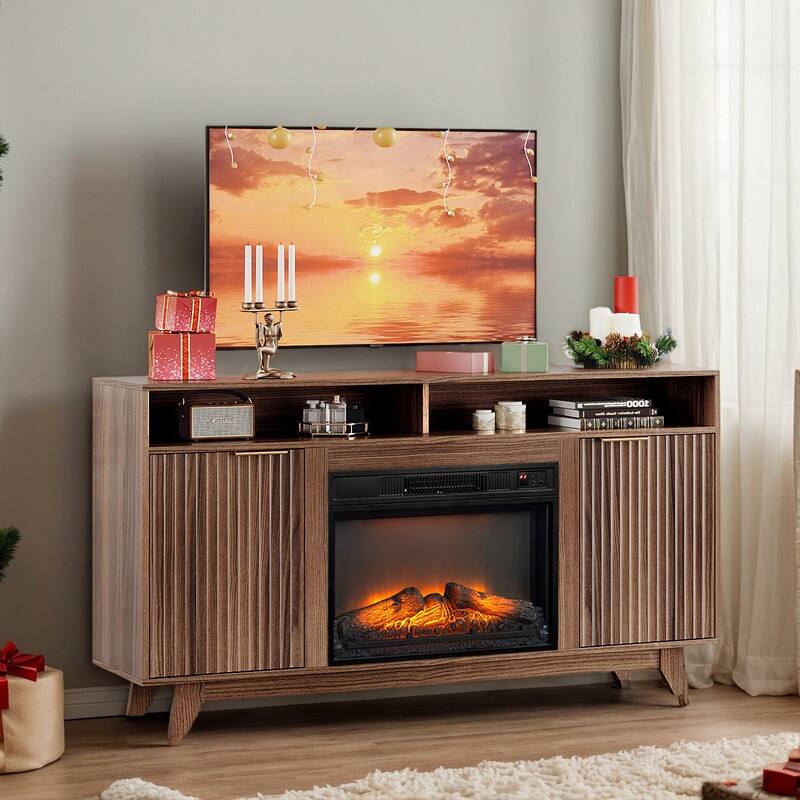 Farmhouse 58'' TV Stand For Tvs Up To 70'' With Electric Fireplace And Adjustable Shelves - Walnut