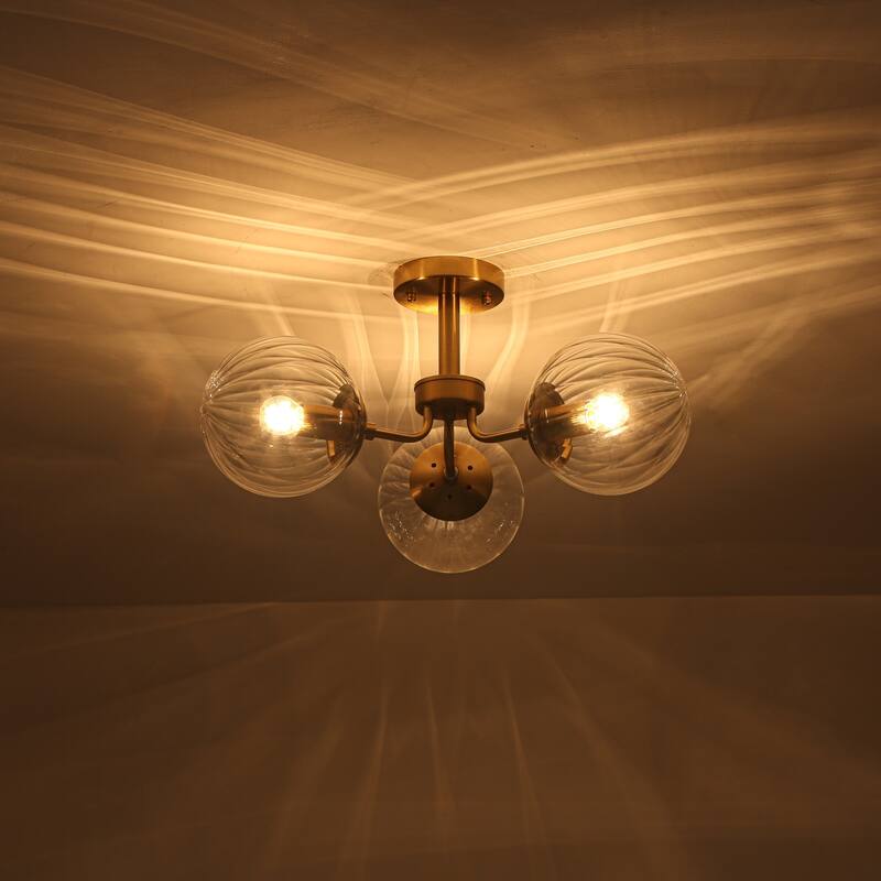 3-Light Mid-Century Modern Gold Sputnik Semi-Flush Mount Light with Clear Ribbed Glass Globe for Living Room, Entryway