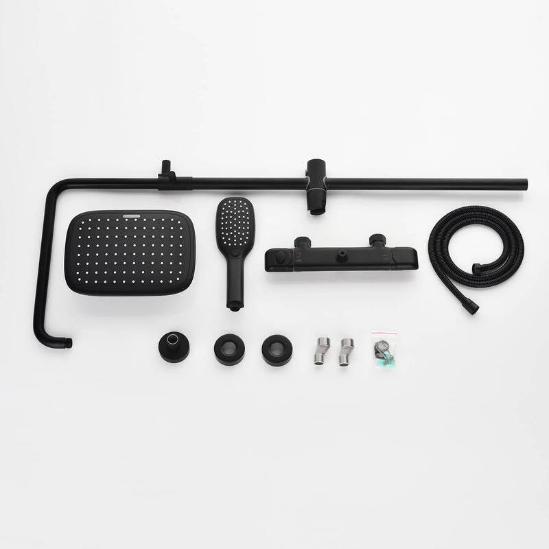 Thermostatic Shower Faucet Set With Handheld Exposed Wall Mount Shower System Complete Black Rainfall Shower Head With Valve
