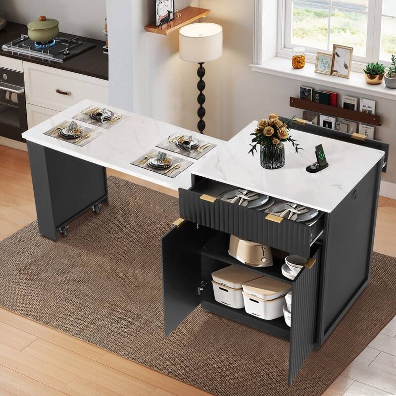 82.6" Fluted Kitchen Island with Extendable Dining Table and Power Outlet for Modern Kitchen Spaces