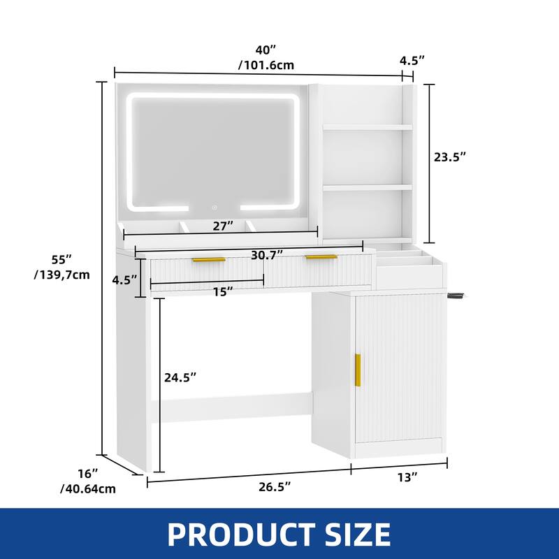 Moasis Makeup Vanity Desk with Power Outlet and 2 Drawers&3 Color Lighting Modes