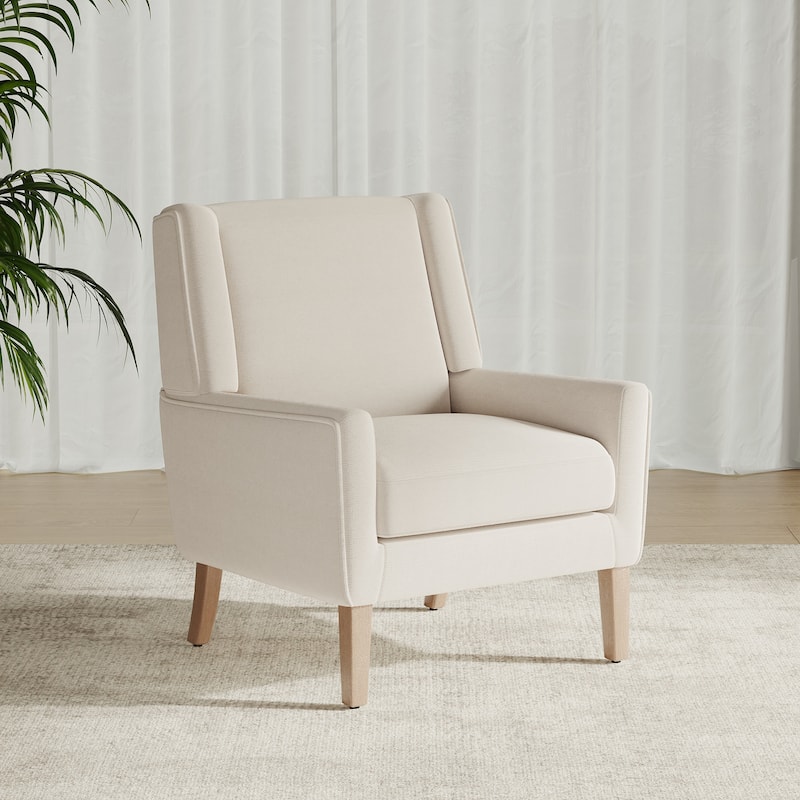 Mid-Century Linen Wing Chair - Tailored Channel Tufting & Walnut Tapered Legs, Compact Accent for Reading Nooks - Single - Beige