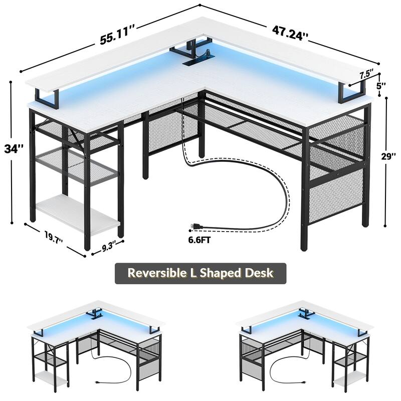 L Shape Computer Desk Reversible Gaming Desk with Charge Station and LED Light