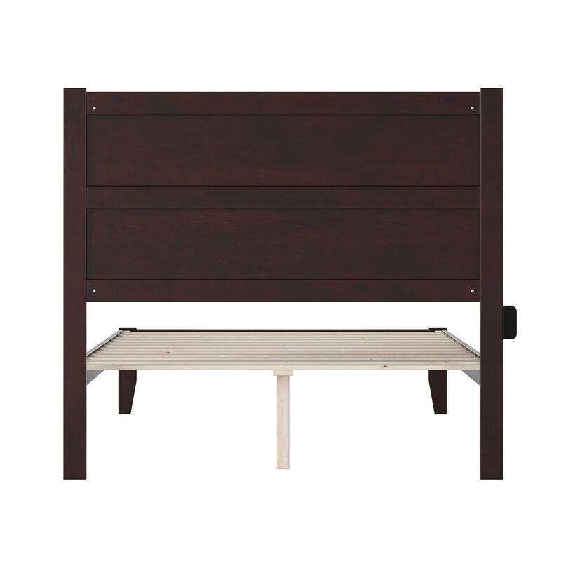 Full Bed with Charging Station - Solid Wood Platform Bed Frame, Espresso Finish, 53.5"x76"x47.625"