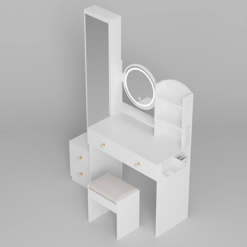 Round Mirror LED Vanity Table with 2 USB Power Station