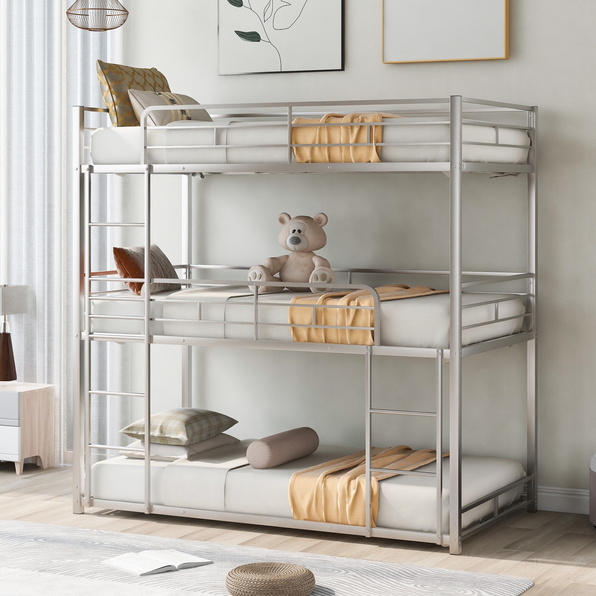 Modern Bedroom Metal Frame Twin Size Triple Bunk Bed with Two Ladders Silver Bed Bath Beyond 35763390