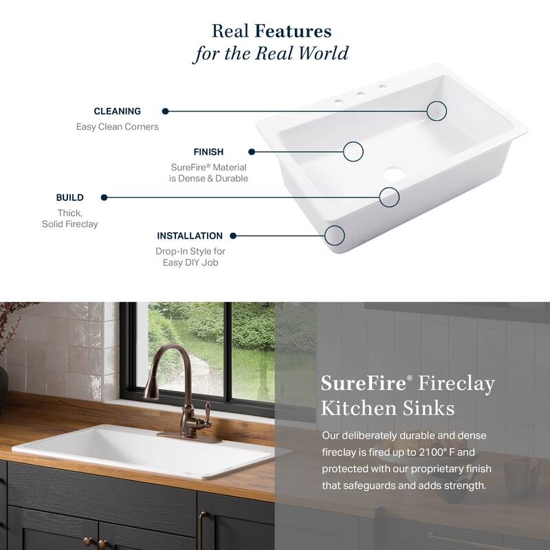 Jackson Crisp White Fireclay 33" Single Bowl Drop-In Kitchen Sink with 4 Holes
