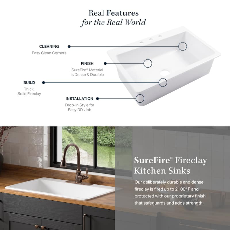 Jackson Matte Black Fireclay 33" Single Bowl Drop-In Kitchen Sink with 3 Holes