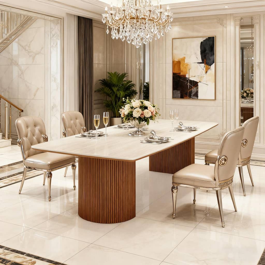 78.74'' Large Travertine Slab Dining Table with Greek Semi-Column Leg