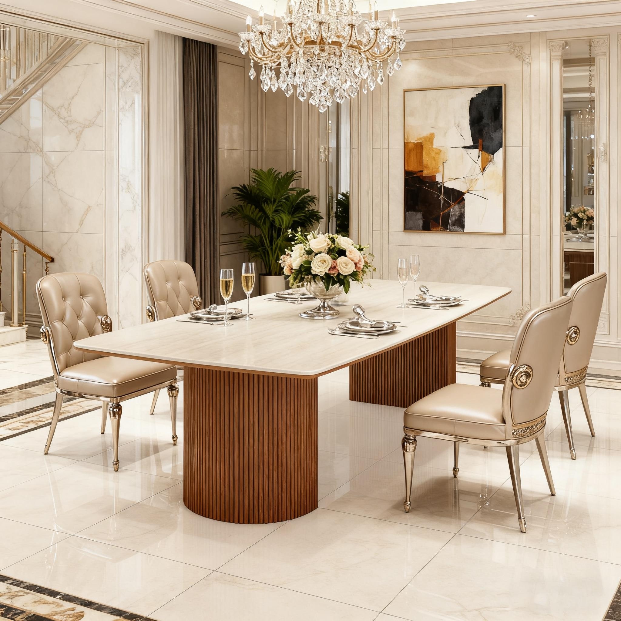 78.8-inch Large Dining Table with Travertine Slab Top for Kitchen
