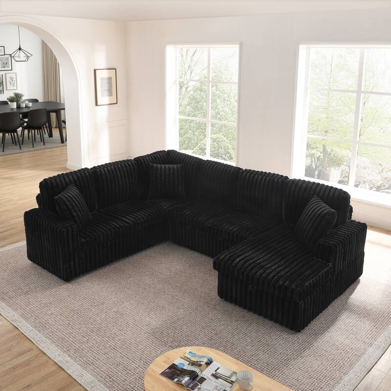 114” Modern Corduroy Striped U-shaped Combination Sofa with Pull-out Bed and Storage Chaise - Black